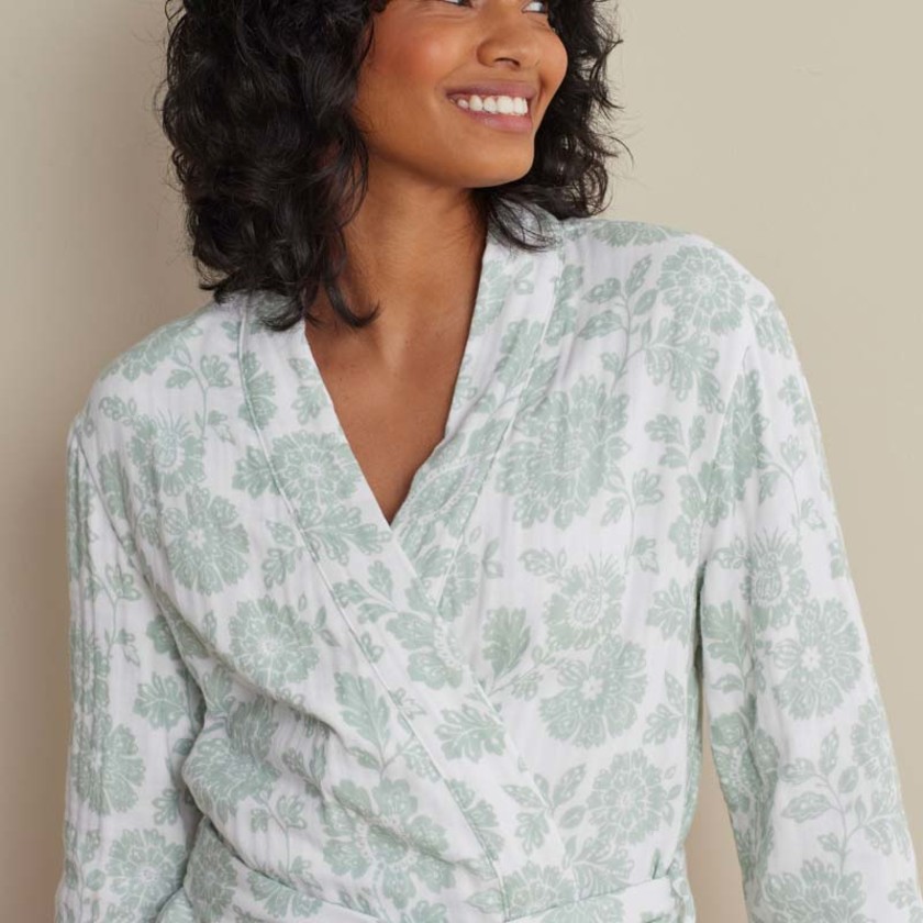 Textured Gauze Cotton Robe - Misty Meadows, XXL,Misty Meadows