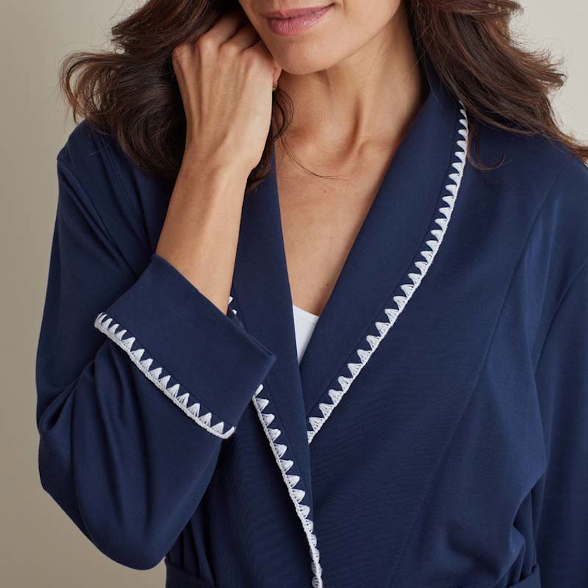 Peruvian Cotton Embroidered Women's Robe,Navy