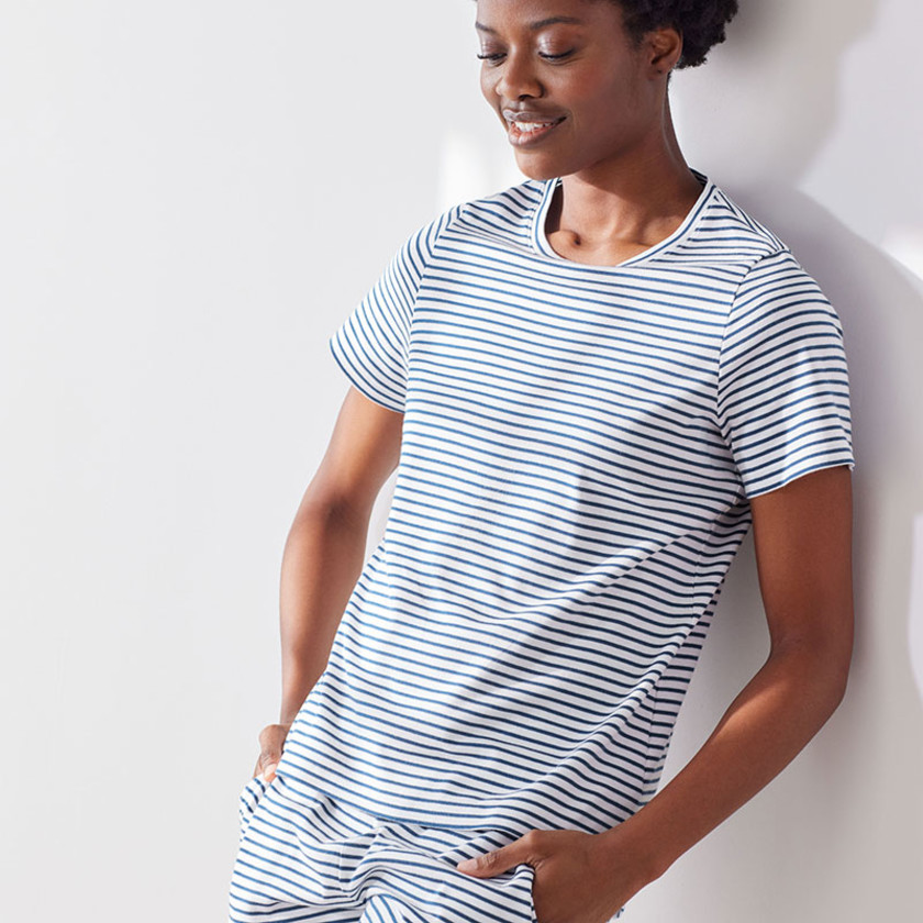 Yarn-Dyed Stripe Pima Cotton Women's Shorts Set,Navy/White