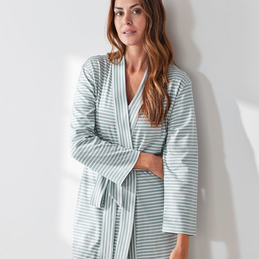 Yarn-Dyed Stripe Pima Cotton Women's Kimono Robe - Slate/White, XS,Slate/White
