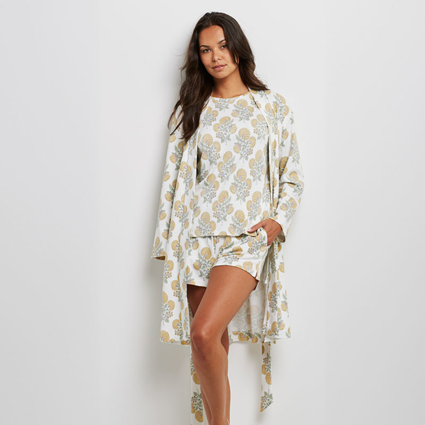 Printed Pima Cotton Kimono Robe - Marigold, L