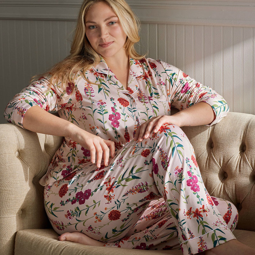 TENCEL™ Modal Jersey Knit Long-Sleeve Button-Down PJ Pants Set - Floral Garden, S,Floral Garden