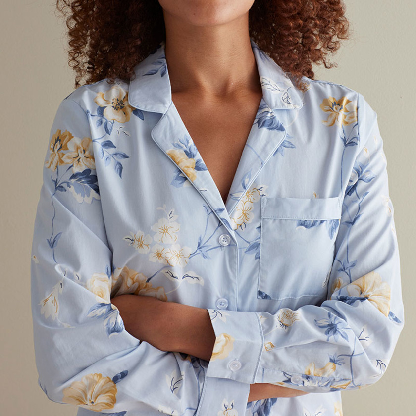 Printed Poplin Women's Pajama Set - Blue Floral, XXL,Blue Floral