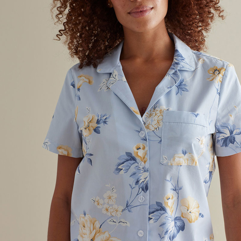 Printed Poplin Women's Short Set - Blue Floral, XXL,Blue Floral