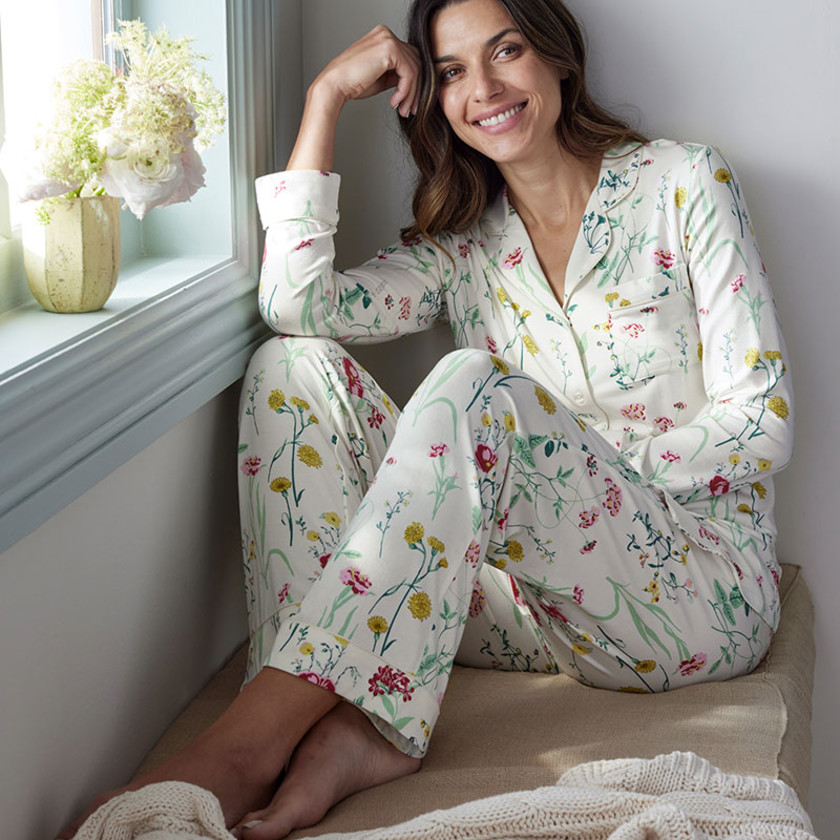 TENCEL™ Modal Jersey Knit Long-Sleeve Button-Down PJ Pants Set - Botanical Floral, XS,Botanical Floral