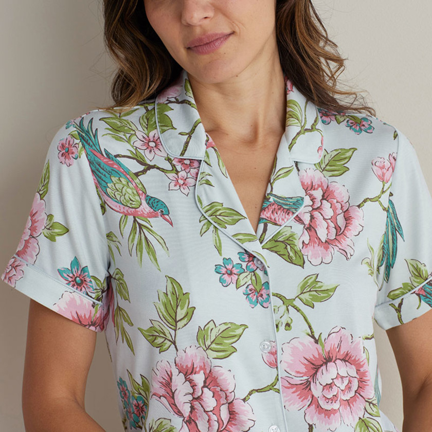 TENCEL™ Modal Jersey Knit Short-Sleeve Shorts Set - Spring Birds, XL,Spring Birds