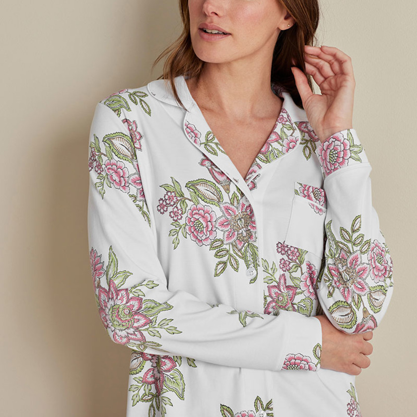 Printed Pima Cotton Button-Down Pajama Set - Jacobean Floral, XXL,Jacobean Floral