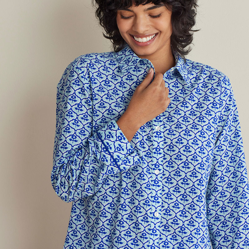 Printed Voile Women's Cropped Pajama Set - Mini Garden Blue, M,Mini Garden Blue