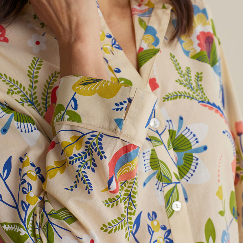 Printed Voile Women's Cropped Pajama Set - Spring Scene, S,Spring Scene