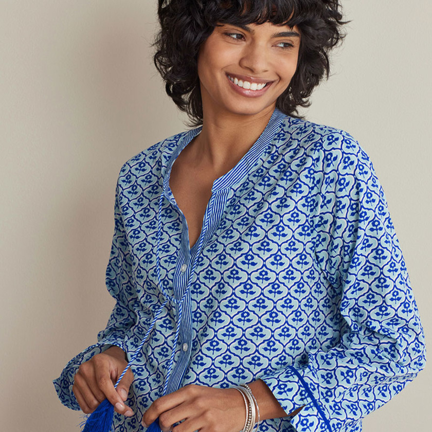 Printed Voile Women's Caftan - Mini Garden Blue, XXL,Mini Garden Blue