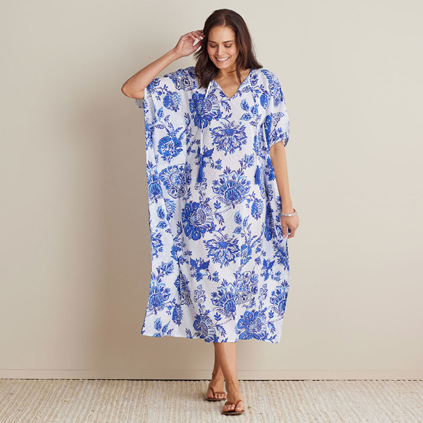 Printed Voile Women's Caftan Dress - Watercolor Floral Deep Blue, XS/S,Watercolor Floral Deep Blue