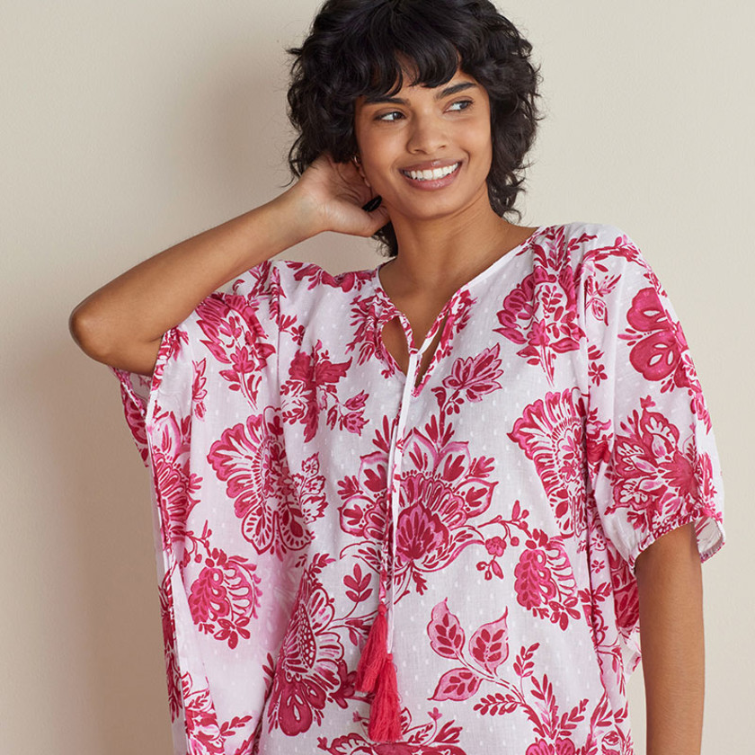 Printed Voile Women's Caftan Dress - Watercolor Floral Deep Pink, XS/S,Watercolor Floral Deep Pink