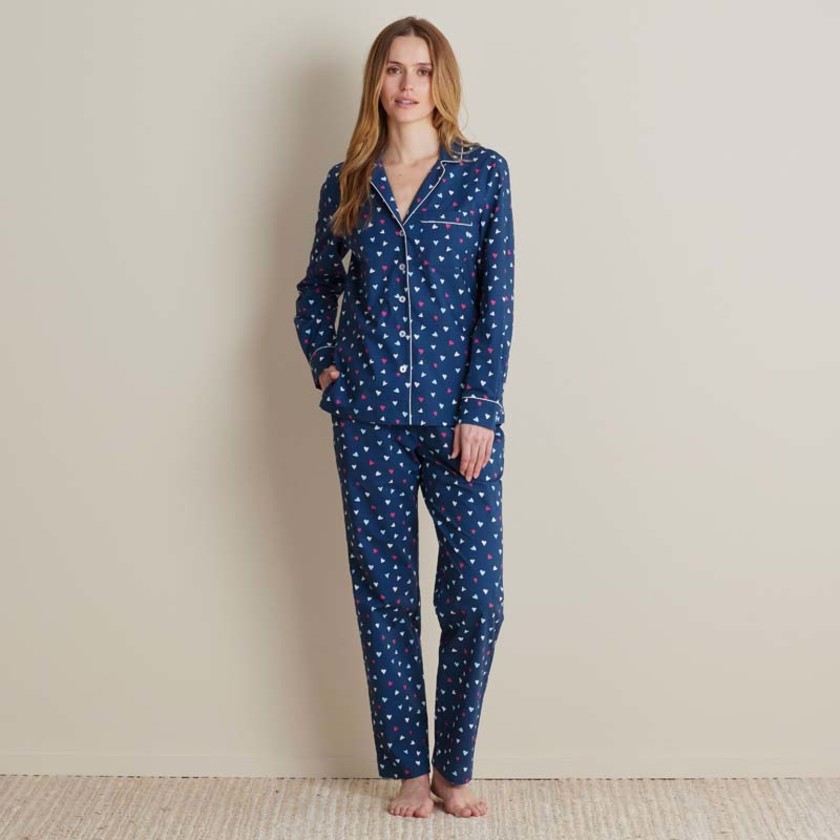 Printed Poplin Women's Button-Down Pajama Set - Navy Hearts, XXL,Navy Hearts