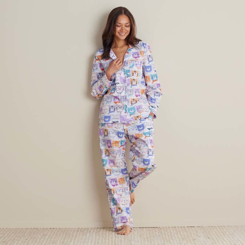 Printed Poplin Women's Button-Down Pajama Set - Stylish Cats, XXL,Stylish Cats