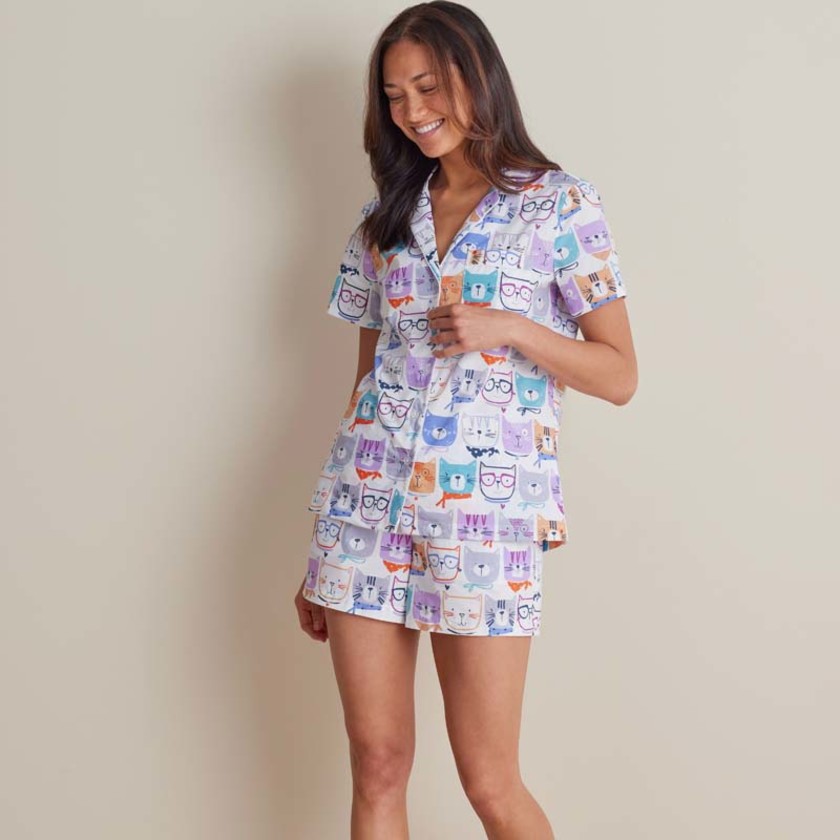 Printed Poplin Women's Shorts Set - Stylish Cats, XXL,Stylish Cats