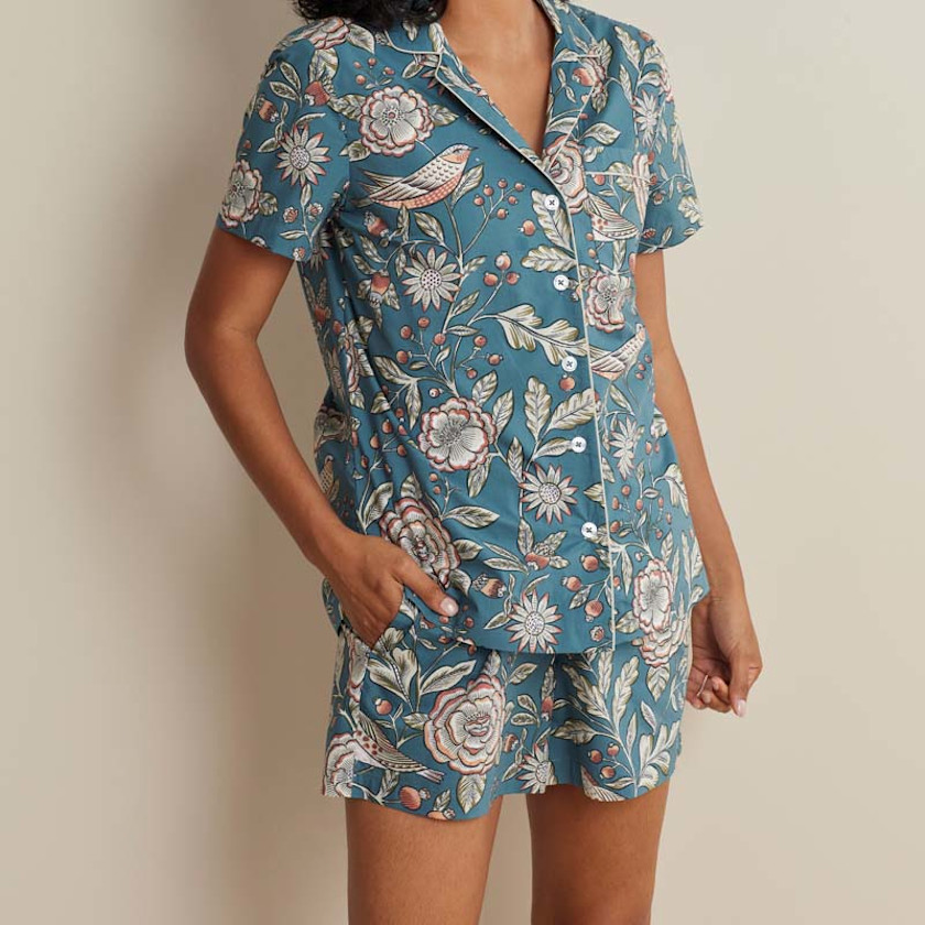 Printed Poplin Women's Shorts Set - Birds & Flowers, XXL,Birds & Flowers
