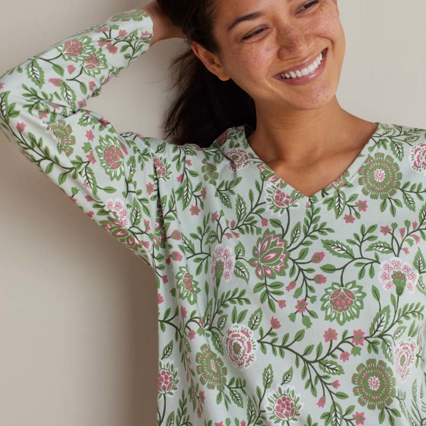 Printed Peruvian Cotton Women's Jogger Pants Pajama Set - Floral Trail, XXL,Floral Trail