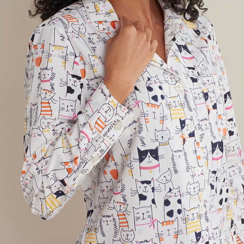 Printed Poplin Women's Button-Down Pajama Set,Kittie Party