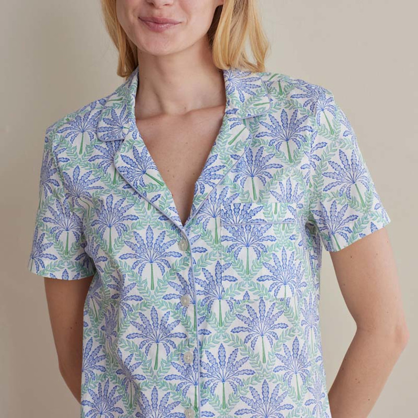 Printed Poplin Women's Shorts Set,Blue Palm