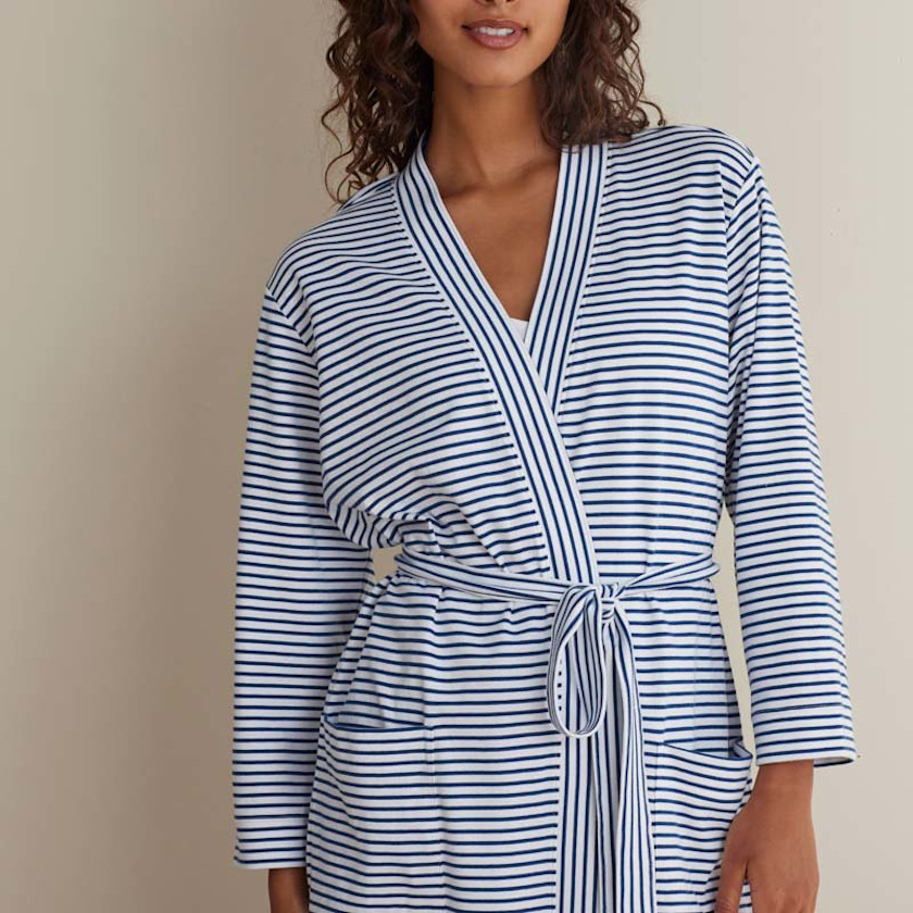 Yarn-Dyed Stripe Pima Cotton Women's Kimono Robe - Navy/White, XS,Navy/White