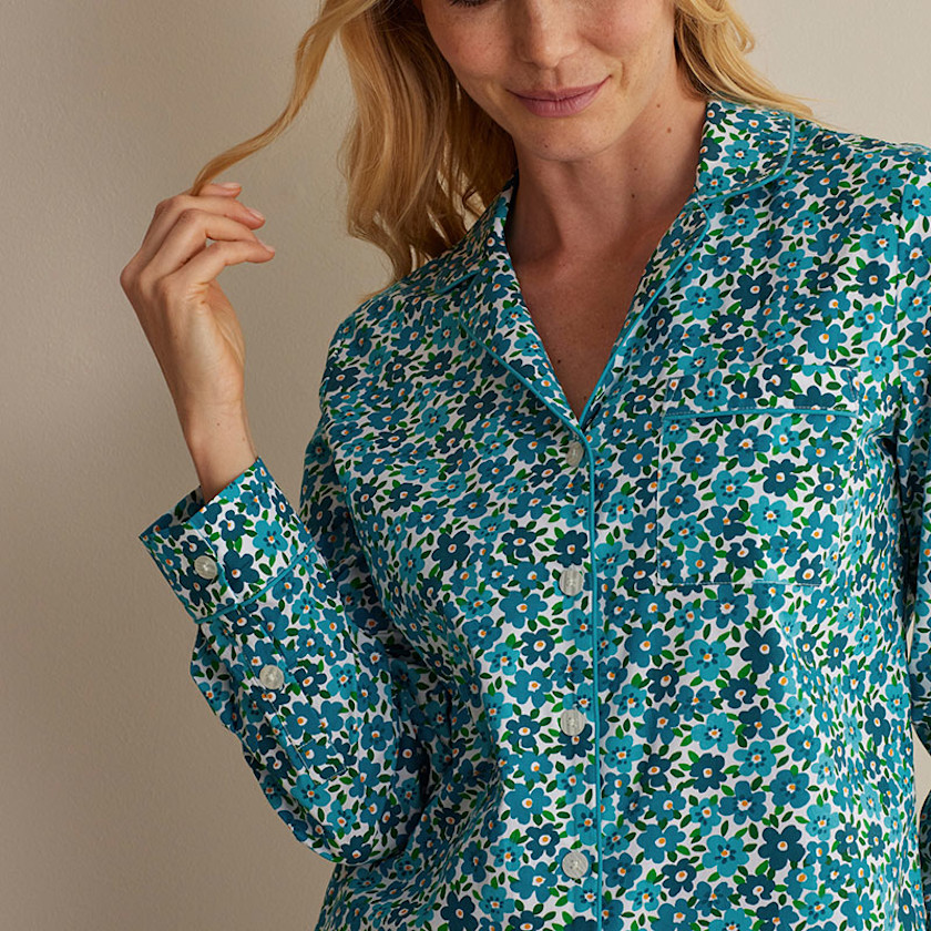 Printed Poplin Women's Button-Down Pajama Set,Blossom Blue