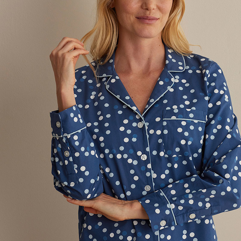 Printed Poplin Women's Button-Down Pajama Set,Blue Bubbles