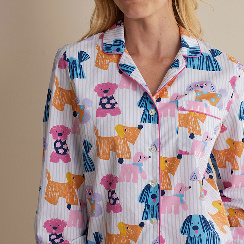Printed Poplin Women's Button-Down Pajama Set,Colorful Dogs