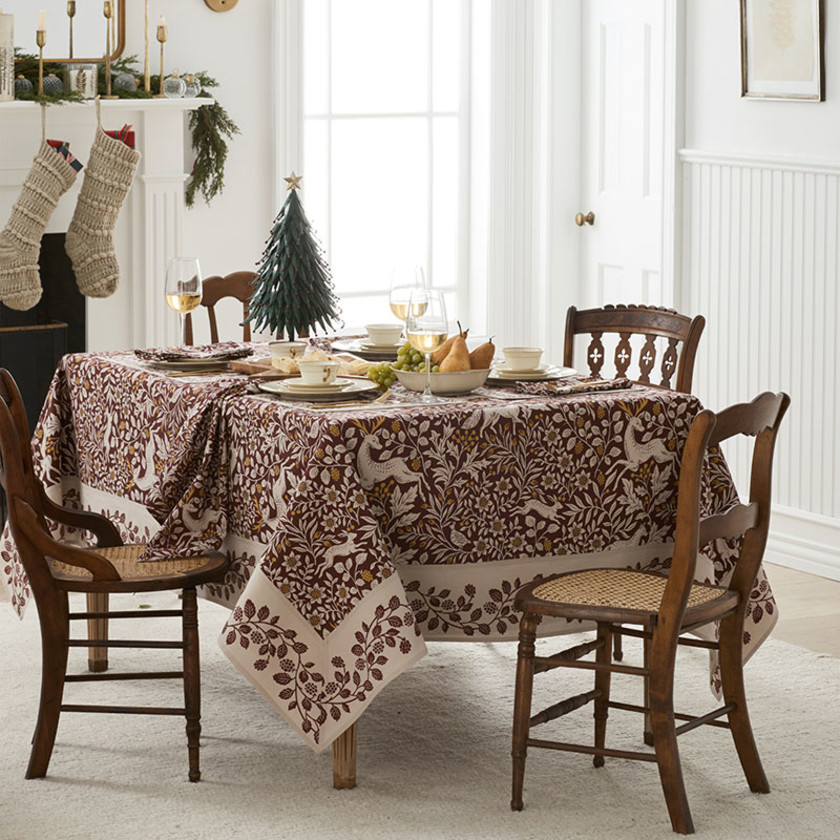 Seasonal Printed Cotton Tablecloth - Red Winter Forest, 70 in. x 90 in.