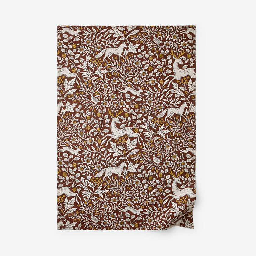 Seasonal Printed Cotton Tea Towel - Red Winter Forest