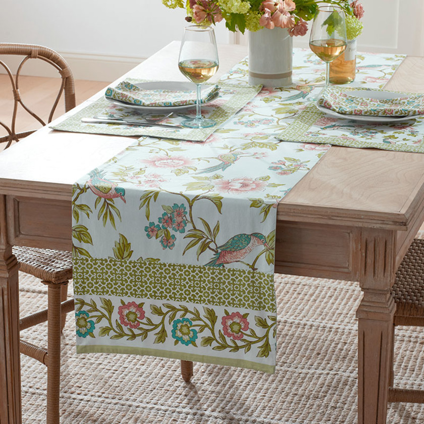 Garden Floral Cotton Table Runner - Spring Birds, 16 in. x 90 in.,Spring Birds