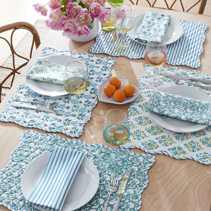 Mix & Match Printed Cotton Quilted Reversible Placemats, Set of 4 - Blue & Green,Blue & Green