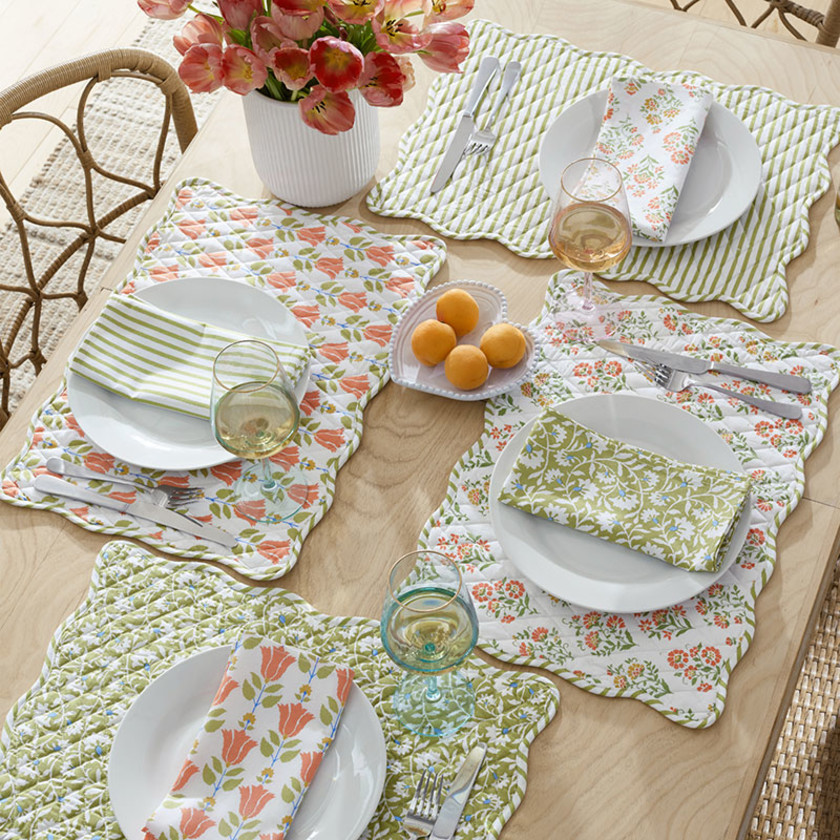 Mix & Match Printed Cotton Napkins, Set of 4 - Coral & Green,Coral & Green