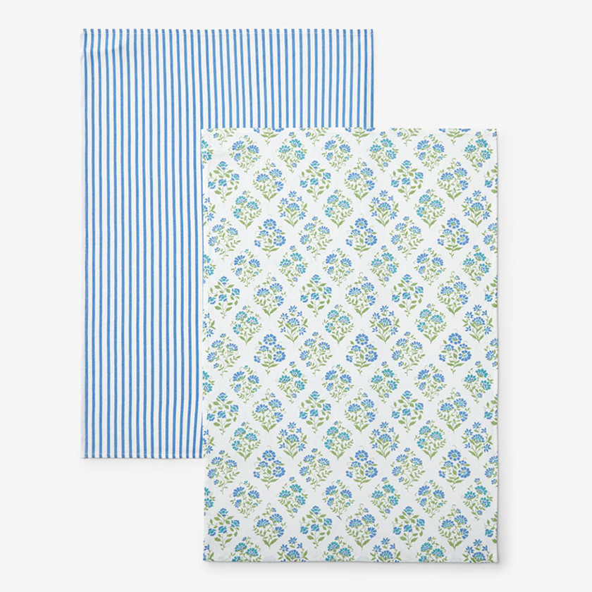 Mix & Match Printed Cotton Tea Towels, Set of 2 - Blue & Green,Blue & Green