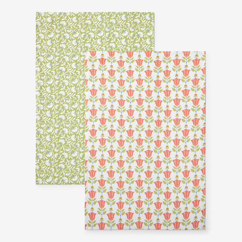 Mix & Match Printed Cotton Tea Towels, Set of 2 - Coral & Red,Coral & Red