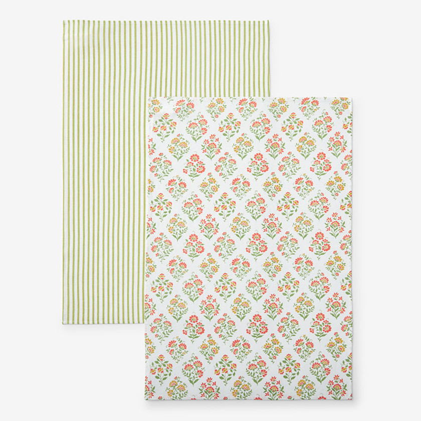 Mix & Match Printed Cotton Tea Towels, Set of 2 - Pink & Green,Pink & Green