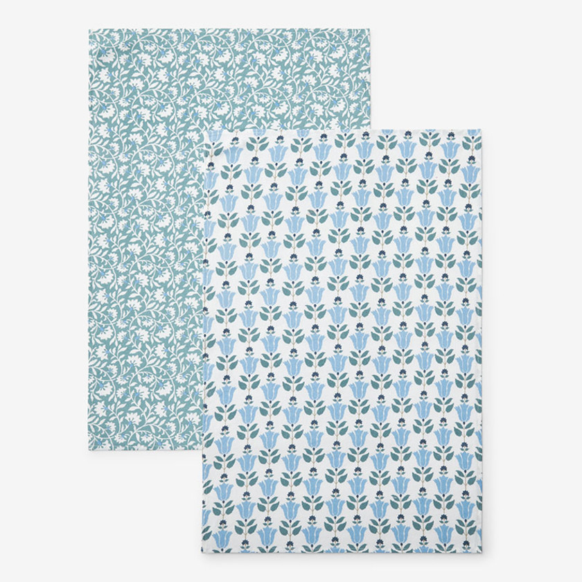 Mix & Match Printed Cotton Tea Towels, Set of 2 - Teal & Blue,Teal & Blue