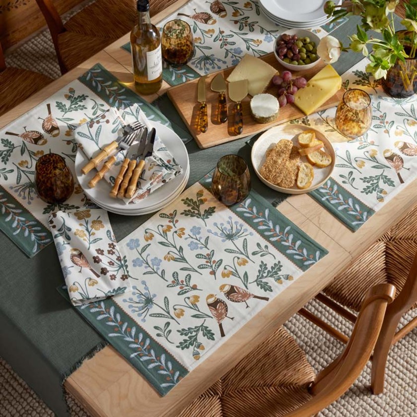 Seasonal Printed Cotton Placemats, Set of 4 - Floral Berry And Bird,Floral Berry & Bird