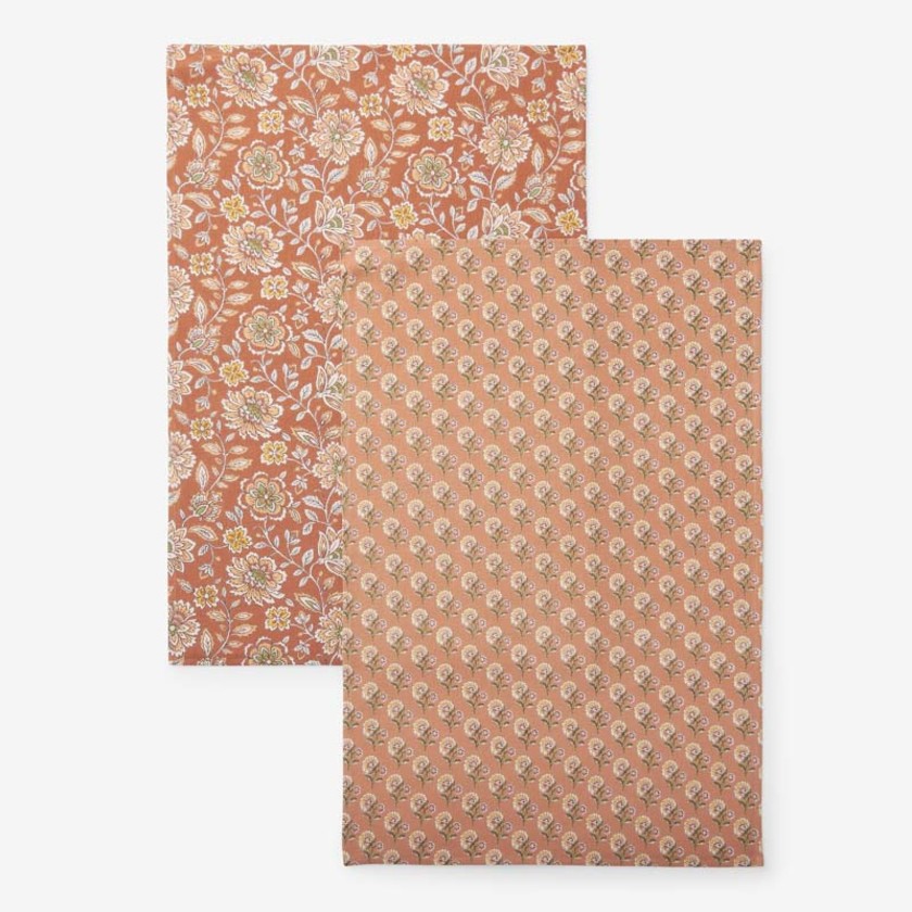 Mix & Match Printed Cotton Tea Towels, Set of 2 - Red Clay And Rust,Red Clay & Rust