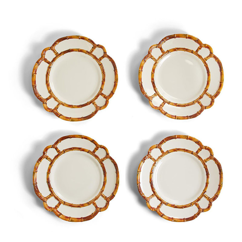 Faux Bamboo Border Melamine Salad Plates, Set of 4 - White, 8",White