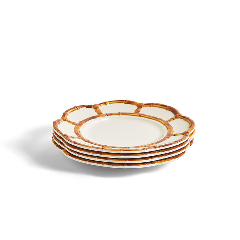 Faux Bamboo Border Melamine Salad Plates, Set of 4 - White, 8",White