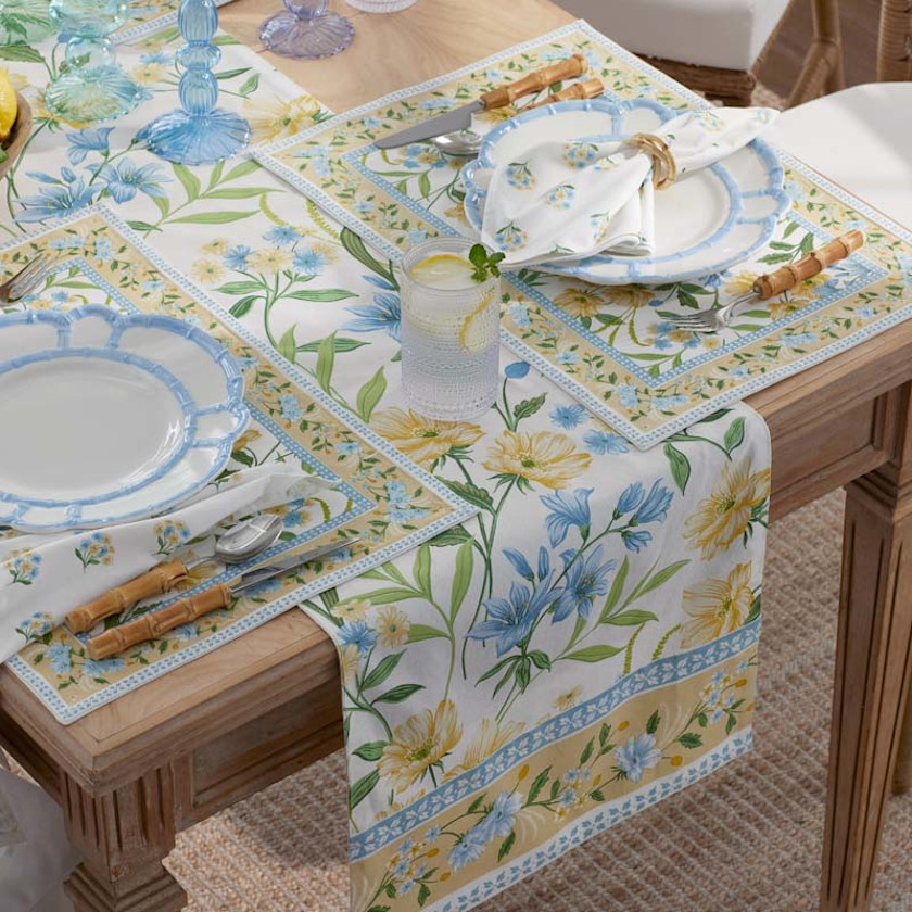 Garden Floral Cotton Table Runner,Gardenia Mist