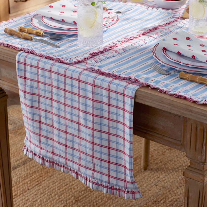 Flowers & Plaid Yarn-Dyed Reversible Table Runner,Graph Plaid Red