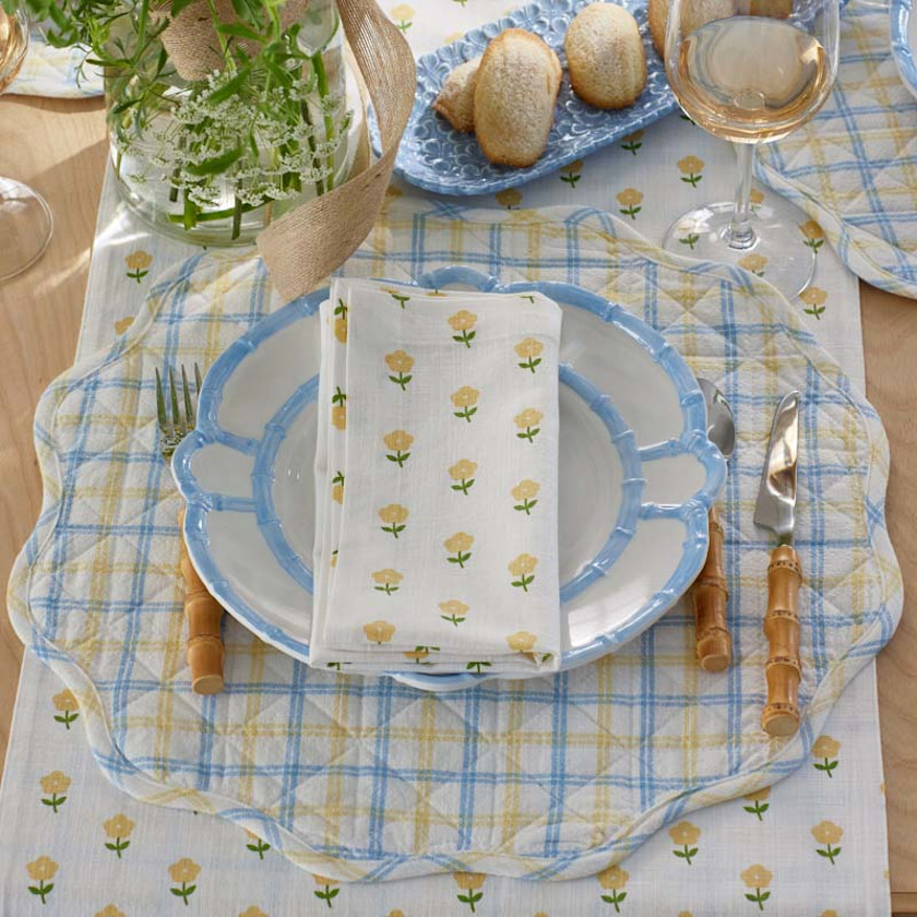 Flowers & Plaid Yarn-Dyed Reversible Round Placemats, Set of 4 - Graph Plaid Yellow,Graph Plaid Yellow