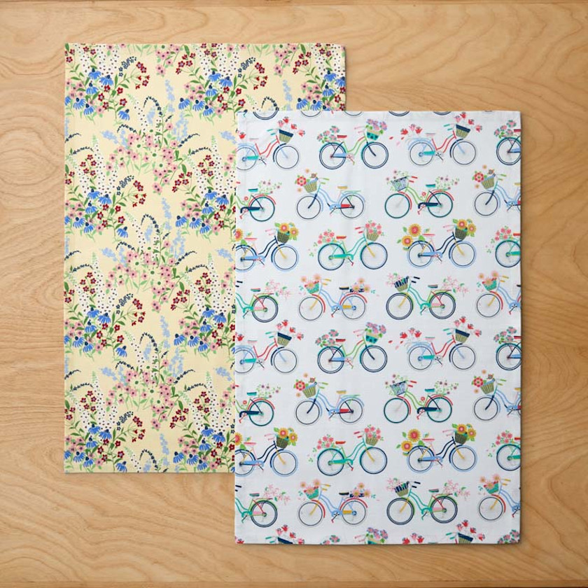 Seasonal Printed Tea Towels, Set of 2,Bouquet & Bicycle