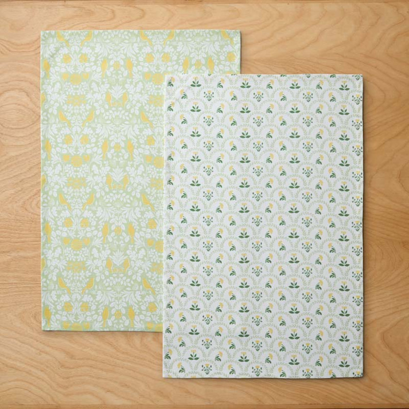 Seasonal Printed Tea Towels, Set of 2,Floral & Bird