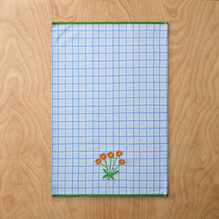 Floral Plaid Kitchen Towel Sets,Blue, Set of 2