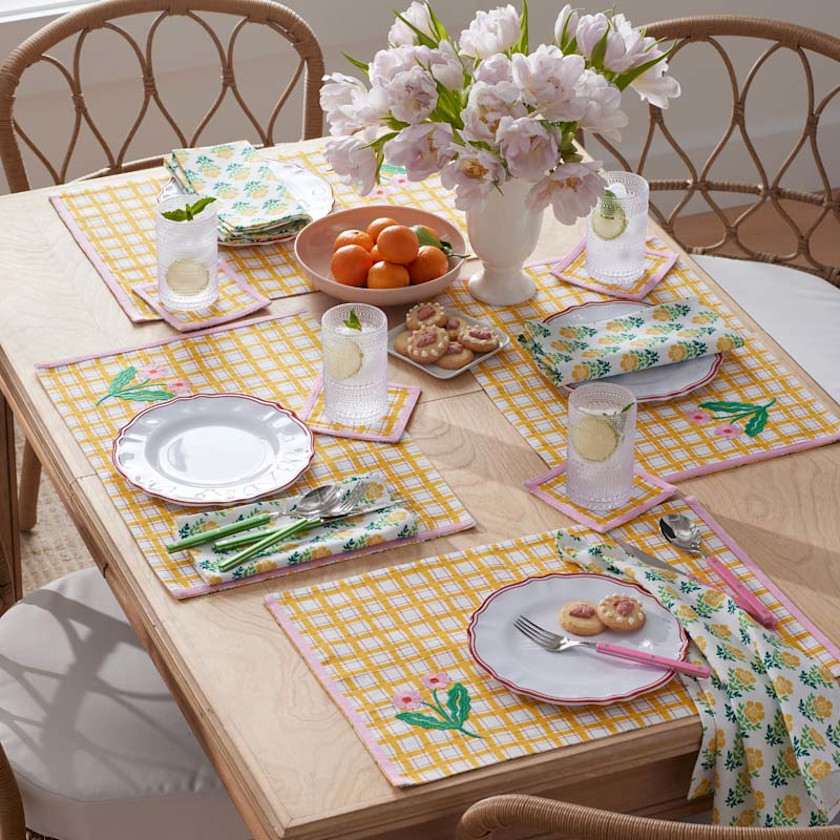 Floral Plaid Napkins, Set of 4,Yellow