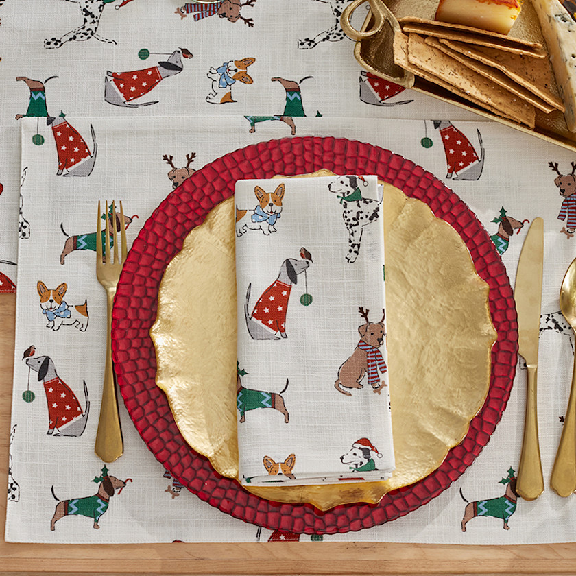 Holiday Pup Napkins, Set of 4,White Multi