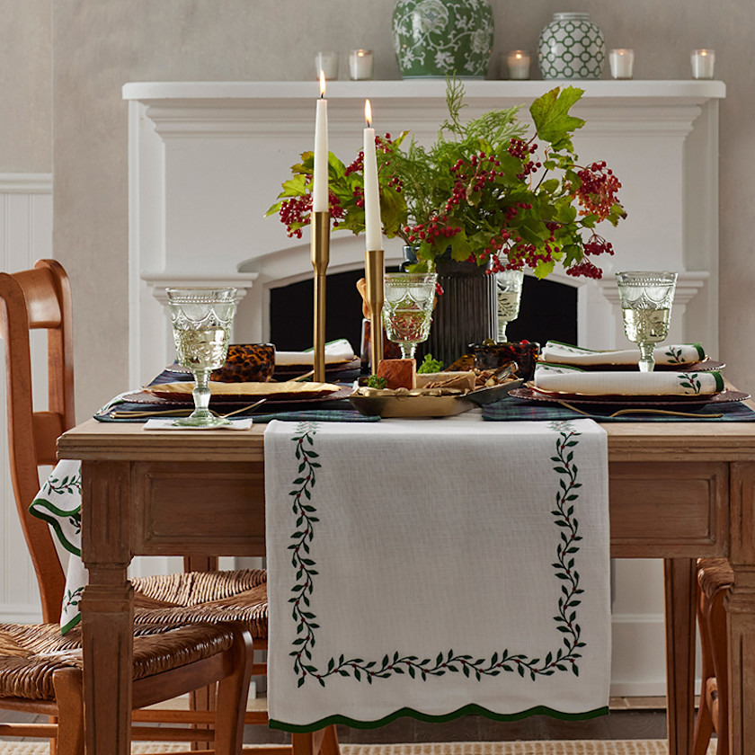 Spiceberry Scallop Embroidered Table Runner,White Multi