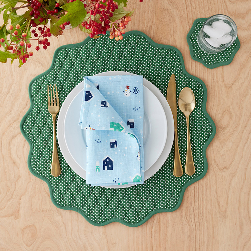 Stripe Dot Scallop Reversible Cocktail Napkins, Set of 4,Green